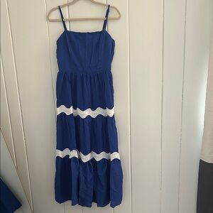 Womens Blue Maxi Dress with White Accent Stripes